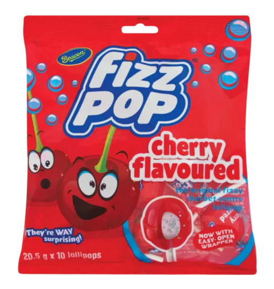 Beacon Fizz Pop Cherry Flavored Lollipops, 10 Pcs.